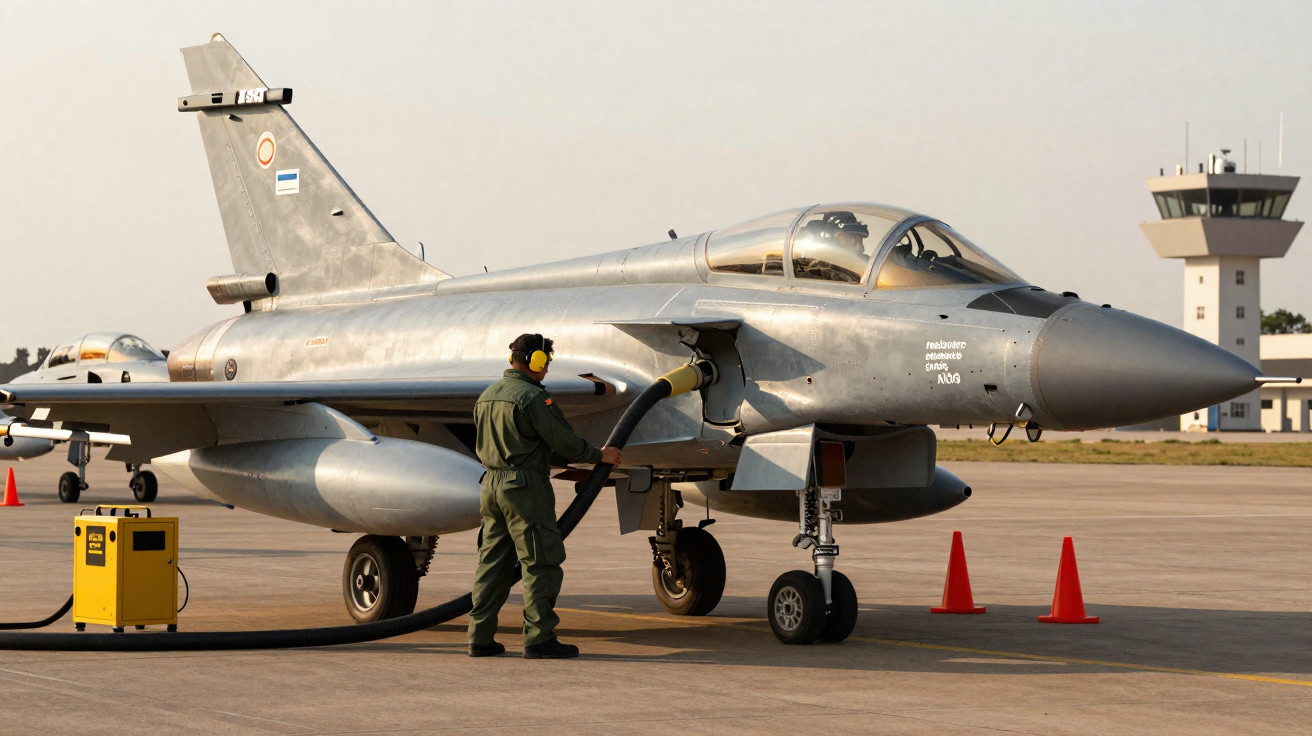 Avião de caça sendo abastecido por homem com uniforme militar em base aérea ao pôr do sol.