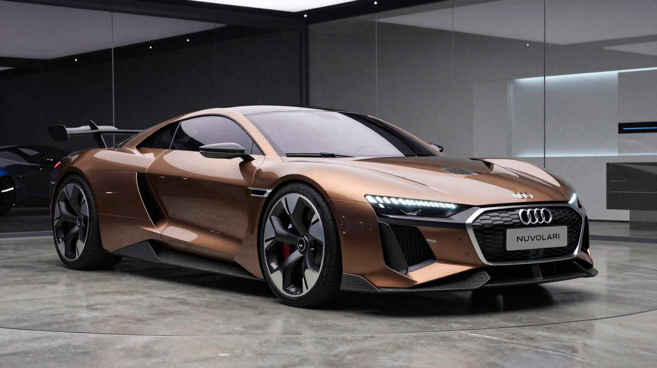 Carro esportivo Audi Nuvolari marrom estacionado em garagem com paredes de vidro e iluminação moderna.