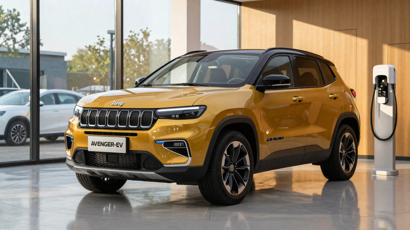 Carro SUV elétrico dourado Avenger-EV estacionado em showroom moderno com carregador ao lado.