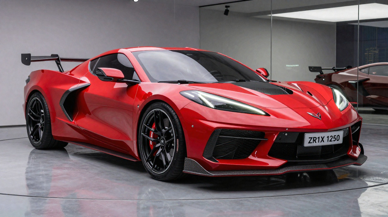 Carro esportivo vermelho Chevrolet Corvette ZR1 estacionado em chão de concreto com espelho atrás.