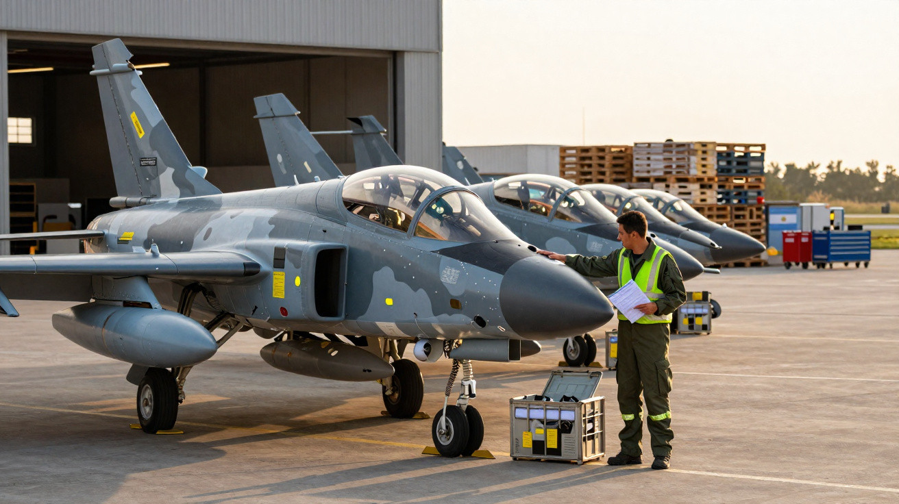 Militar inspecionando caça camuflado cinza no pátio de base aérea ao pôr do sol.