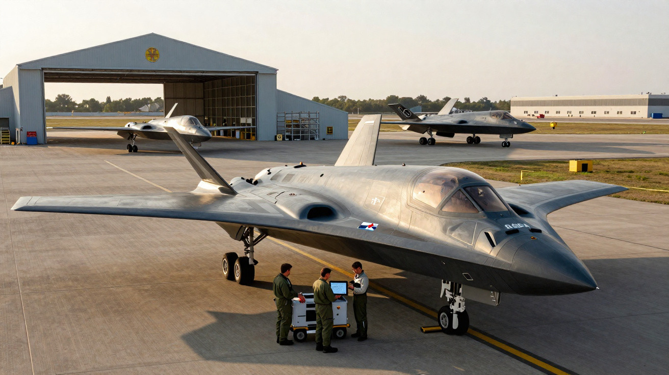 Avião stealth na pista com três militares em frente e dois jatos estacionados próximos a hangares.