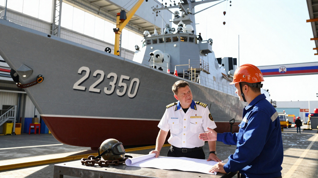 Oficiais discutem planos na doca próxima ao convés de grande navio militar cinza com o número 22350.