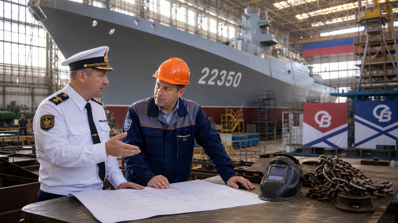 Dois homens, um oficial naval e um engenheiro, analisam planta em estaleiro naval com navio grande atrás.