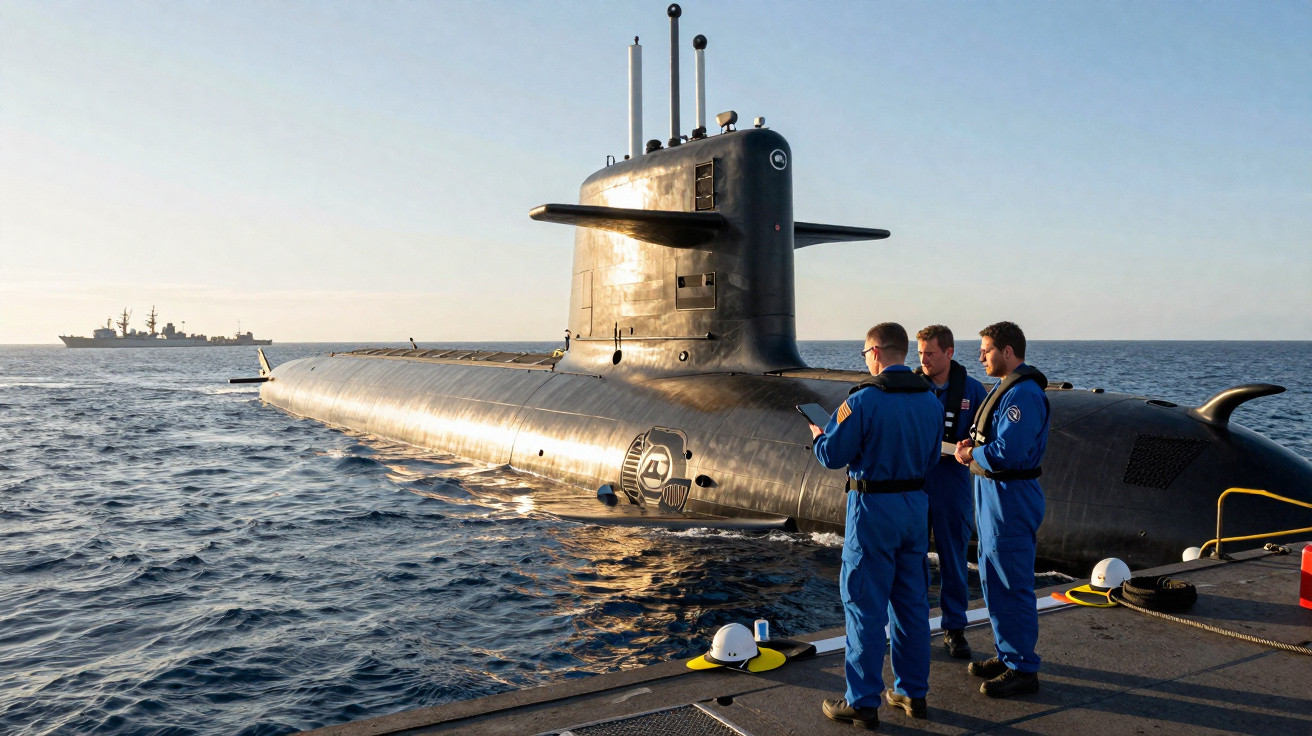 Três marinheiros em uniforme azul conversam ao lado de um submarino preto semi-submerso no mar ao pôr do sol.