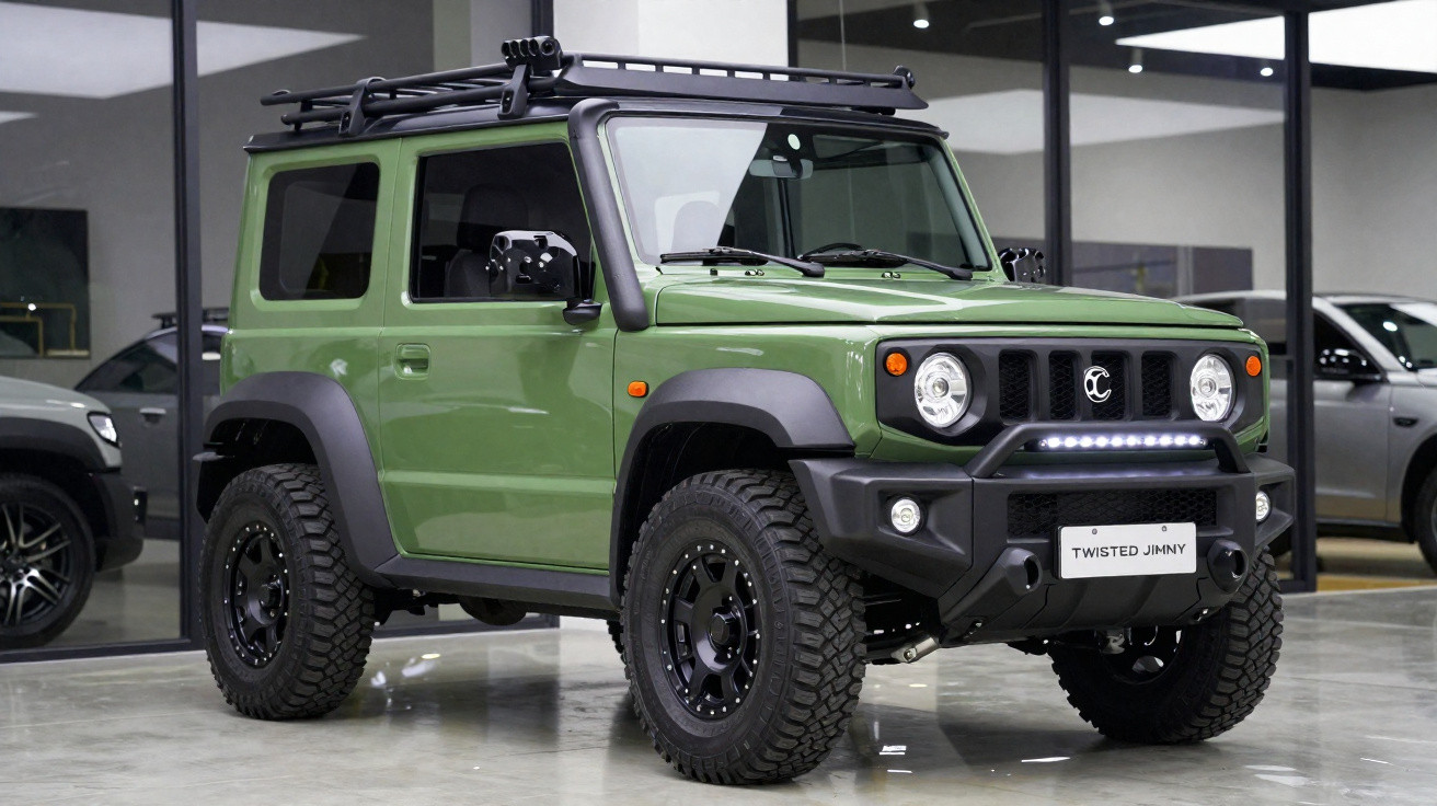 Carro SUV verde off-road com pneus robustos e rack de teto em showroom moderno.