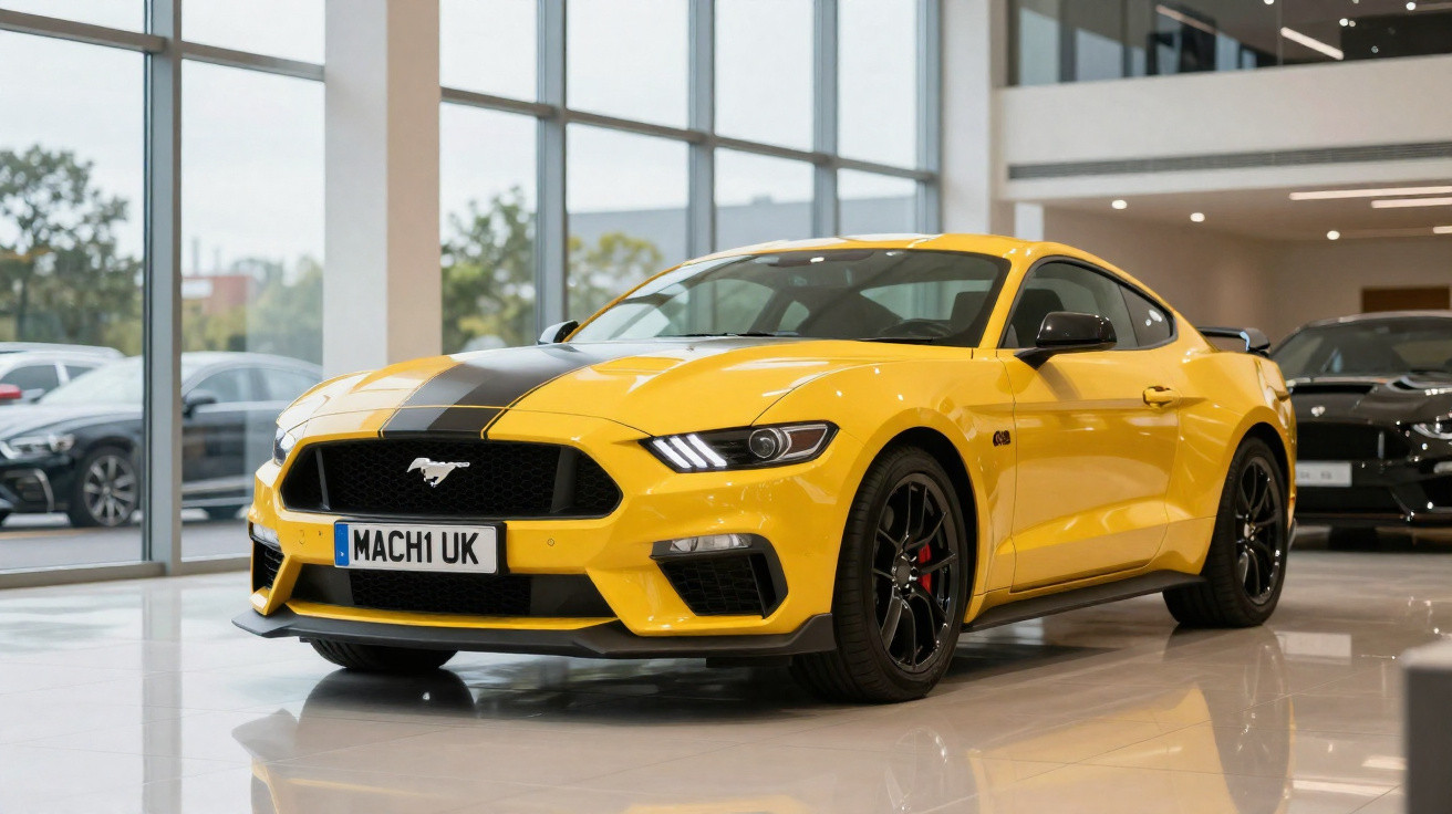 Carro esportivo Ford Mustang amarelo com faixa preta em showroom moderno e iluminado.