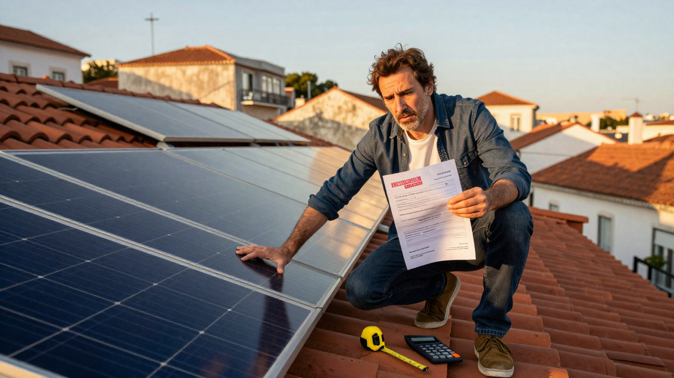 Homem analisa documento e toca em painéis solares no telhado de casa durante o dia.