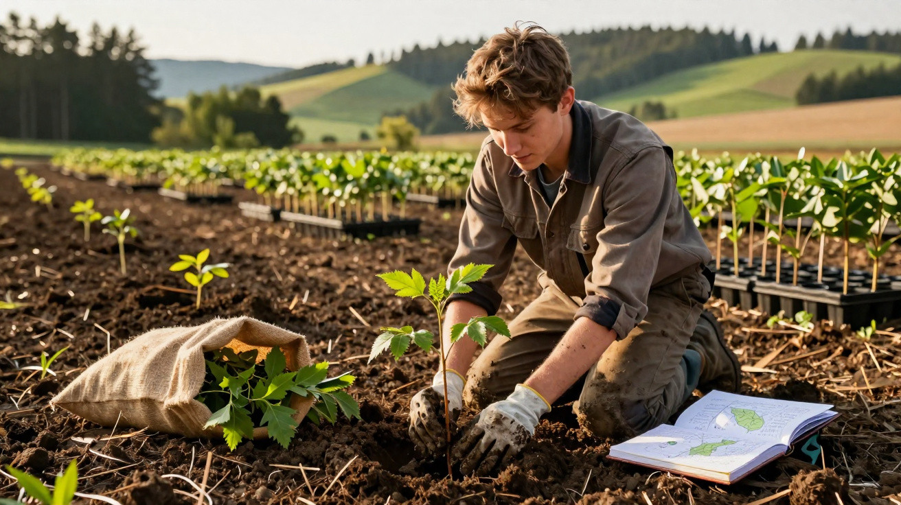 Jovem plantando muda em campo aberto com caderno aberto ao lado, sob céu claro e vegetação ao fundo.