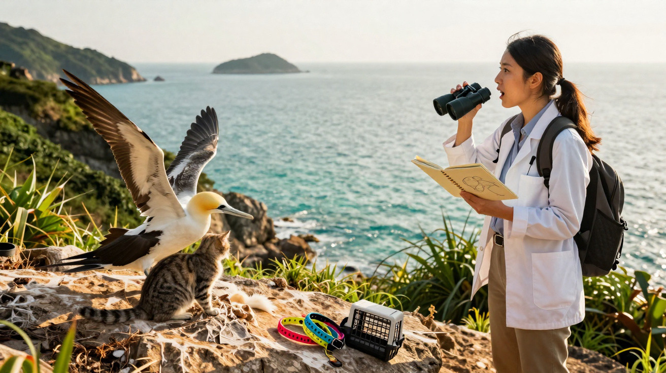 Bióloga observando aves com binóculos próximo ao mar, ao lado de gaivota, gato e equipamentos.