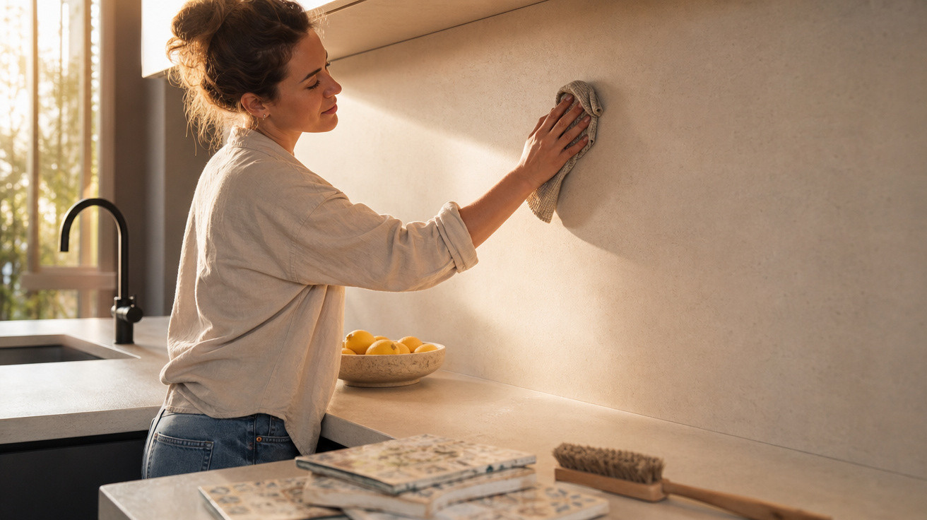 Mulher limpando o azulejo da parede da cozinha com pano, luz natural entrando pela janela.