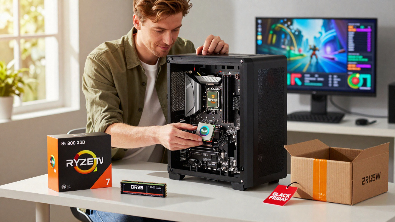 Jovem instalando processador Ryzen em gabinete de computador em mesa com monitor ligado ao fundo.