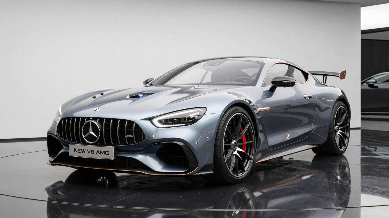 Carro esportivo Mercedes-Benz AMG cinza metálico em exposição interna, vista frontal lateral direita.