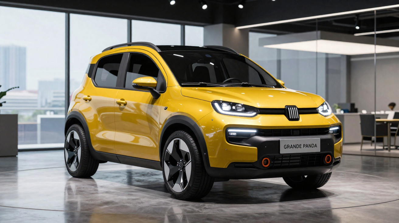Carro compacto amarelo Fiat Grande Panda em exposição dentro de showroom moderno.
