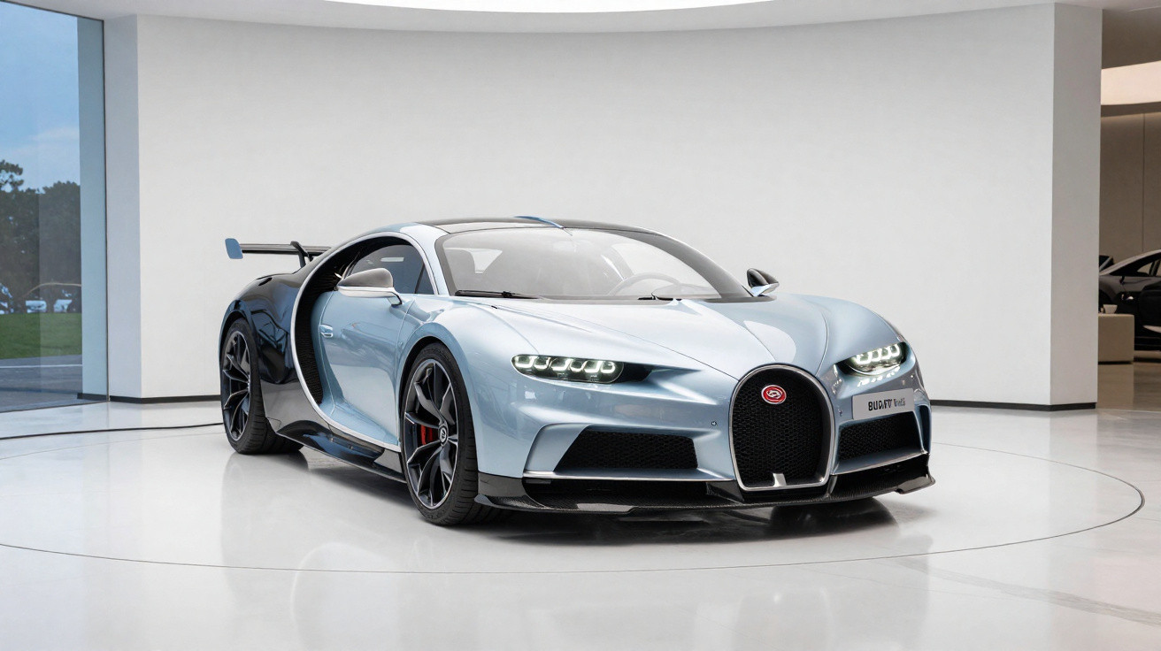 Carro esportivo Bugatti Chiron azul claro exibido em salão moderno com piso espelhado.