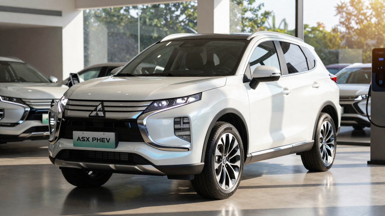 SUV branco Mitsubishi ASX PHEV em showroom iluminado por luz natural, com outros carros ao fundo.