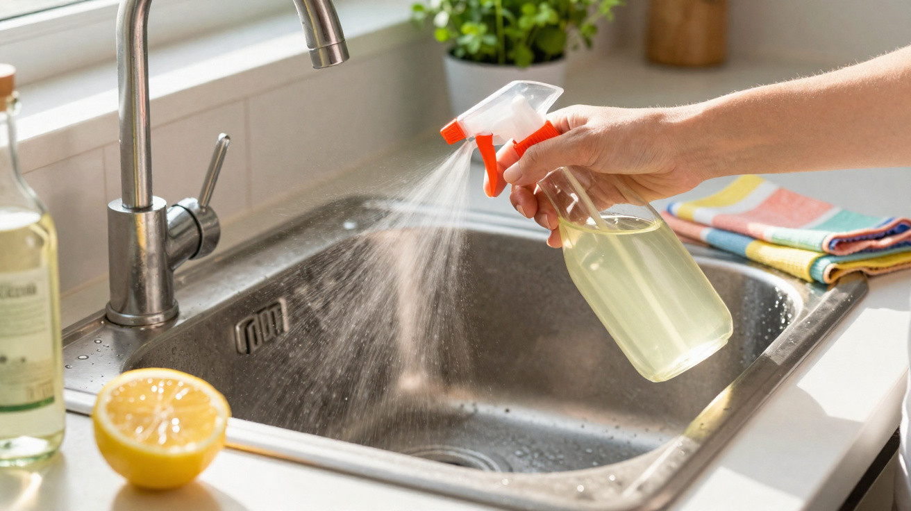 Mão borrifando solução de limpeza natural em pia de cozinha de aço inox com limão ao lado.