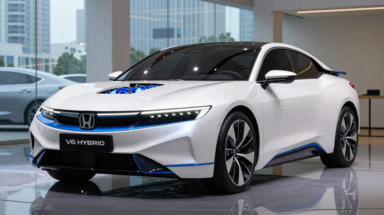 Carro esportivo branco Honda híbrido V6 em exposição em showroom moderno com vidros grandes.