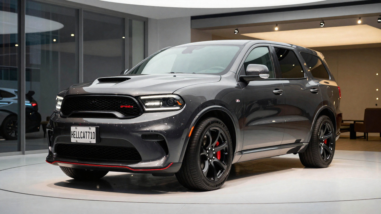 SUV esportivo cinza escuro Dodge Durango SRT Hellcat em exposição interna com detalhes vermelhos.