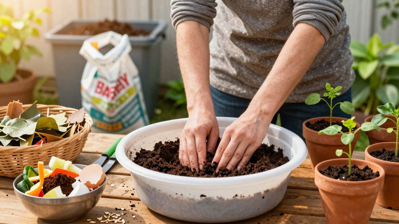 Pessoa preparando terra para plantio em vaso, com mudas e materiais de jardinagem ao redor.