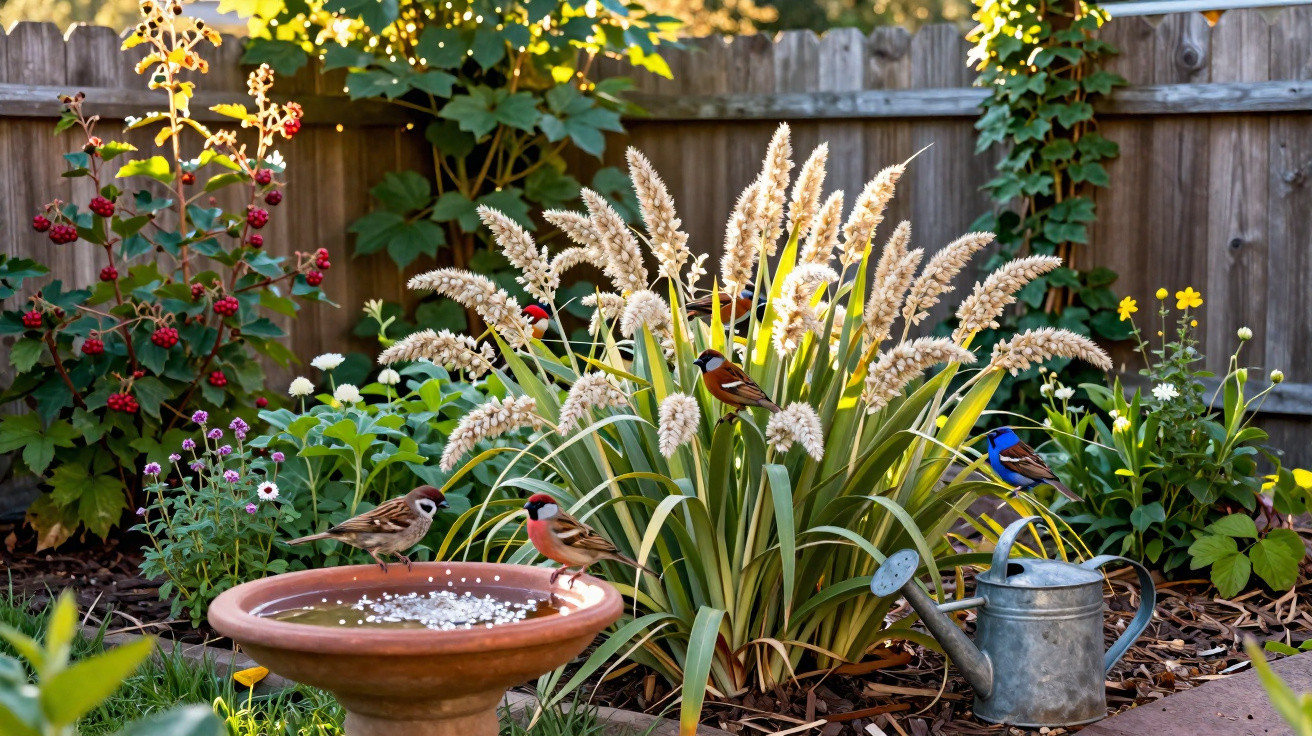 Jardim com plantas, regador metálico, comedouro de pássaros e três pássaros coloridos ao redor.