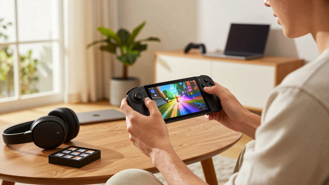 Pessoa jogando videogame portátil em sala com fones, controle e mesa de madeira à frente.