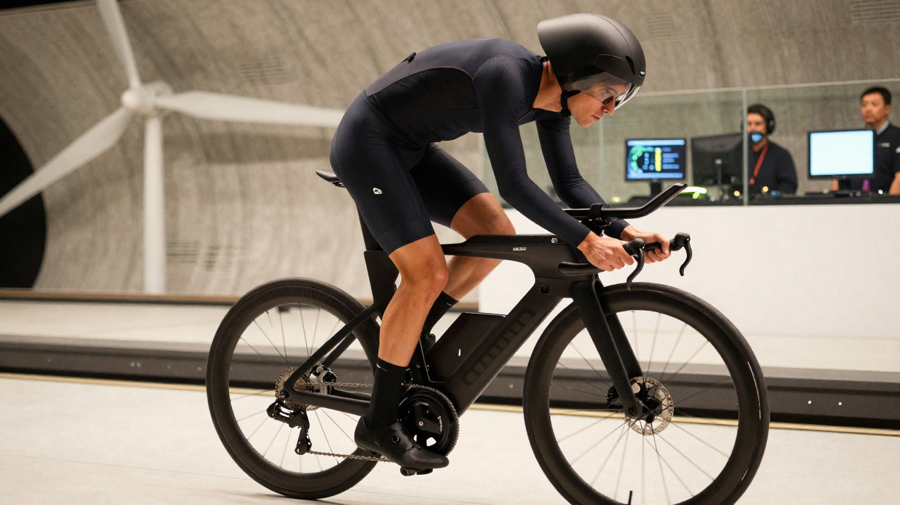 Pessoa usando roupa aerodinâmica testa bicicleta preta em túnel de vento com técnicos ao fundo.