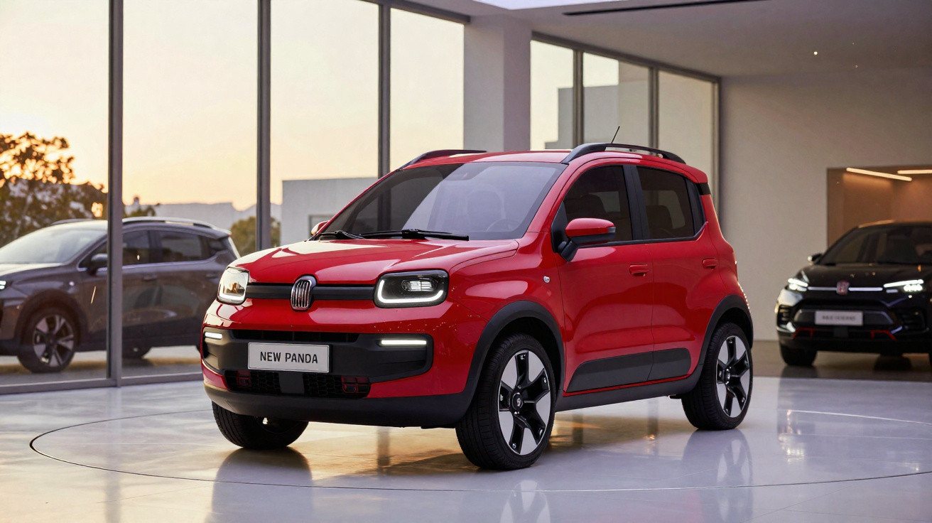Carro Fiat New Panda vermelho exposto em showroom moderno com outros veículos ao fundo.