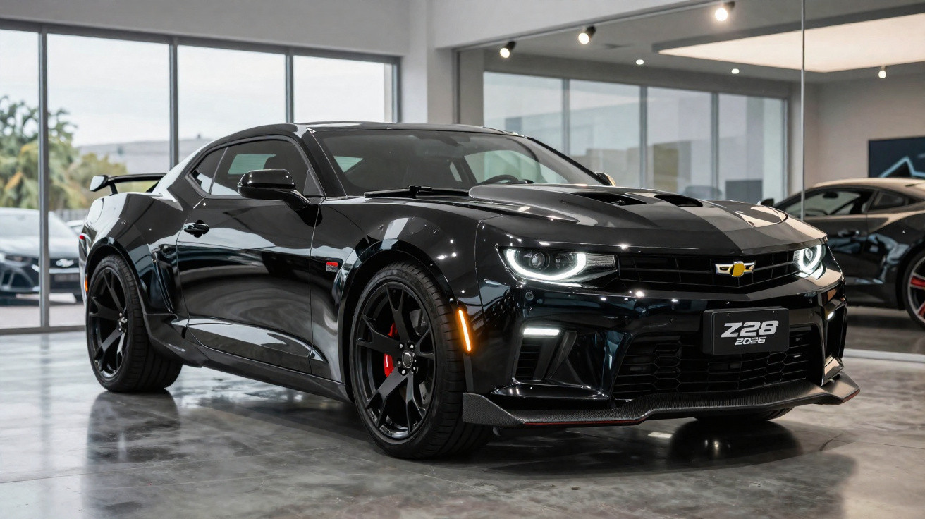 Carro esportivo preto Chevrolet Camaro Z28 2016 em showroom brilhante com piso cinza.