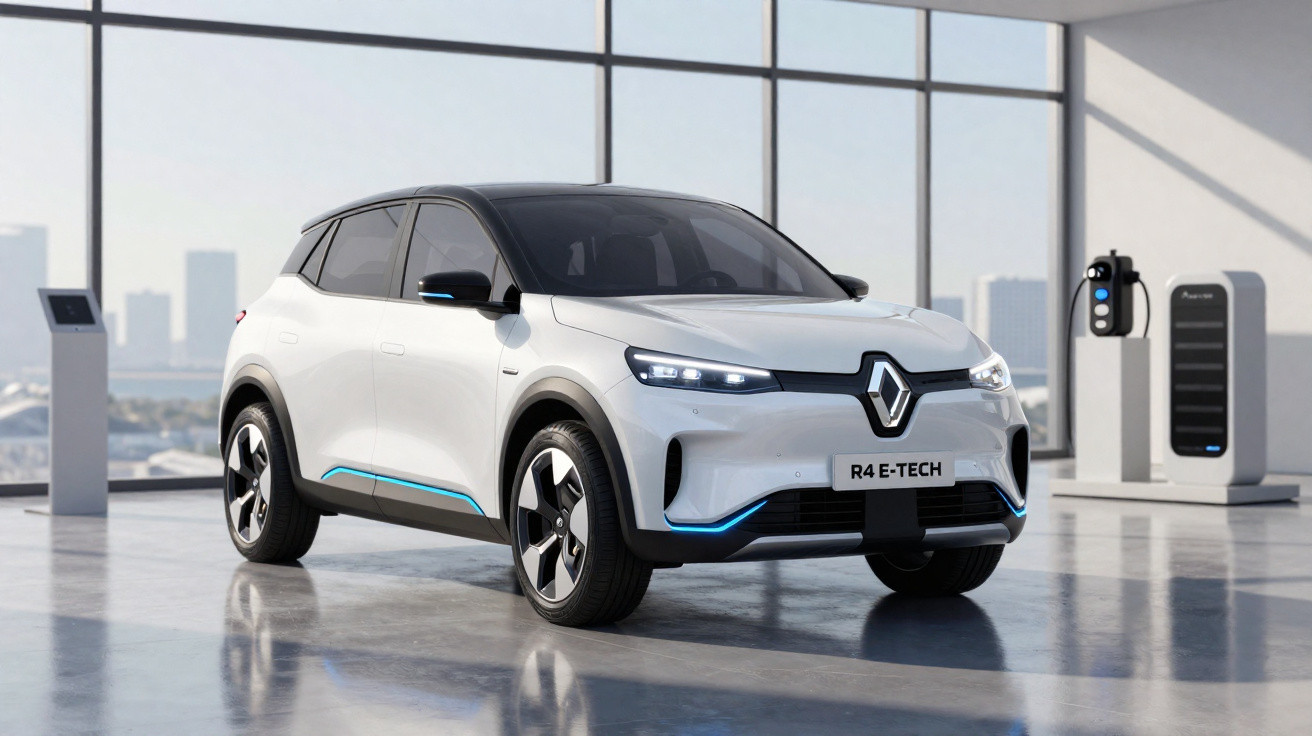Carro elétrico Renault R4 E-Tech branco estacionado em sala moderna com estações de recarga.