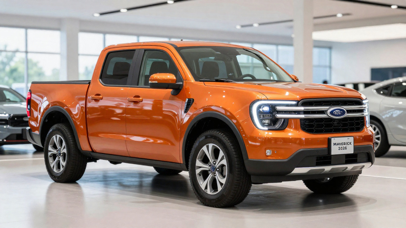 Picape Ford Maverick 2026 laranja em exposição dentro de showroom iluminado.