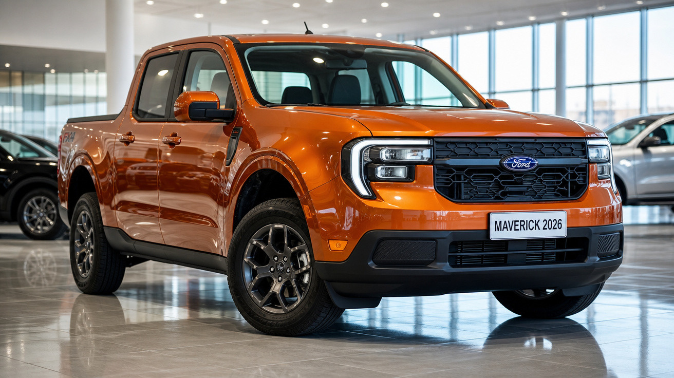 Picape Ford Maverick 2026 laranja estacionada em showroom moderno e iluminado.