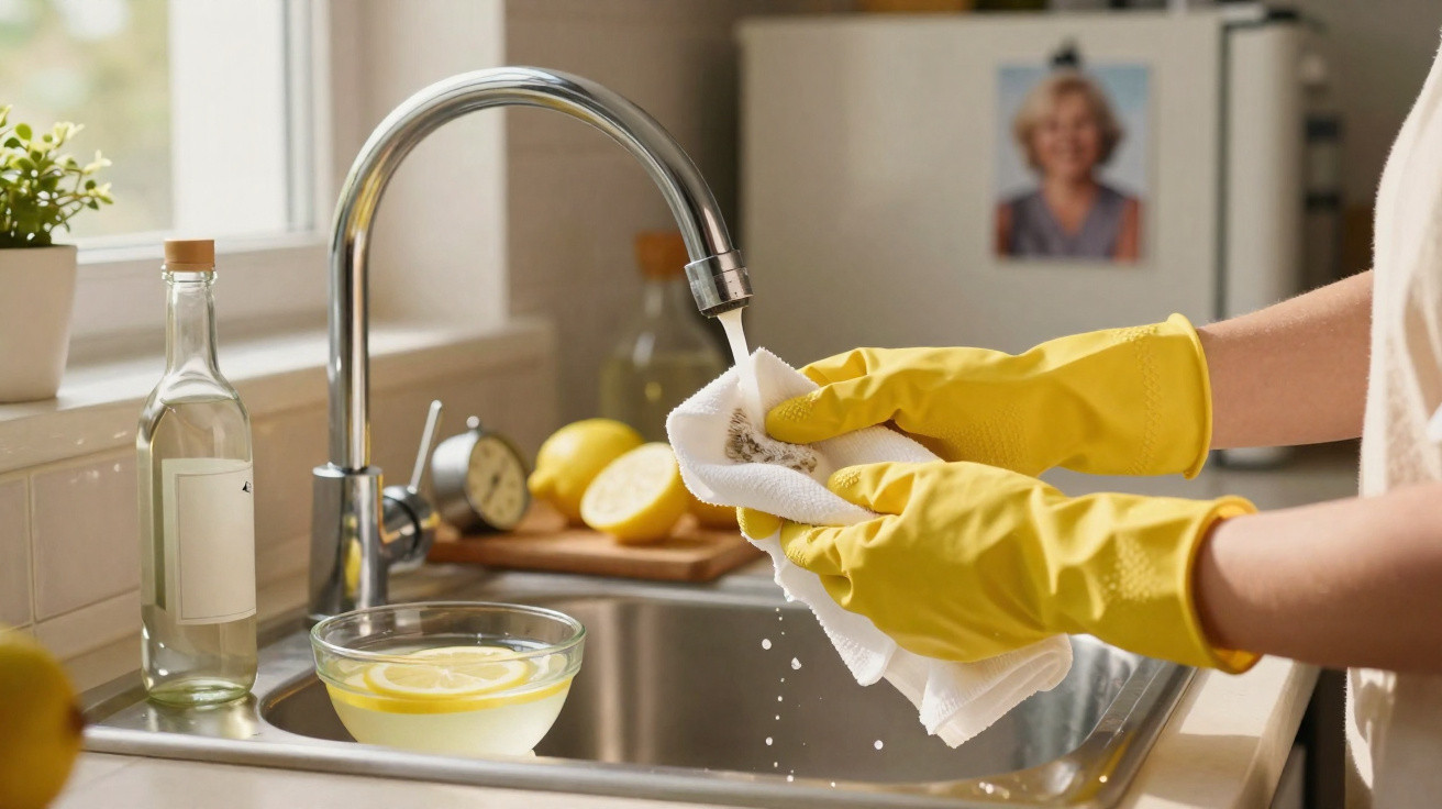 Pessoa com luvas amarelas lavando pano branco na pia da cozinha com torneira aberta e limão ao fundo.