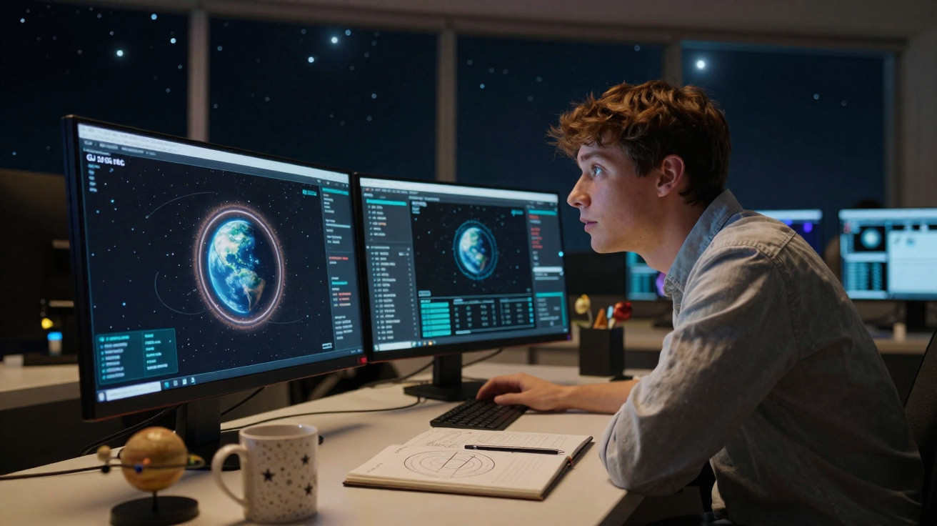 Jovem analisando imagens digitais da Terra em dois monitores em ambiente escuro, com caderno à frente.