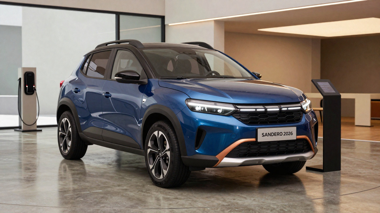 Carro SUV azul, modelo Sandero 2026, em showroom com piso de concreto e parede bege.