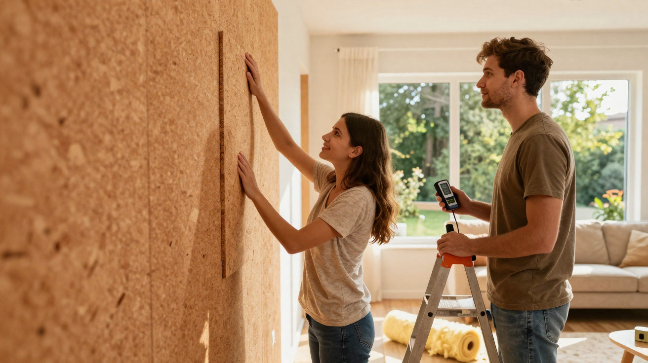 Casal instalando painel de madeira em parede de sala com sofá e janela ao fundo.