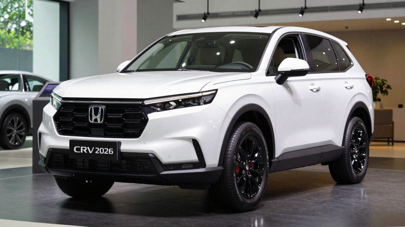 SUV branco Honda CRV 2026 exposto em showroom com detalhes em preto e rodas esportivas.