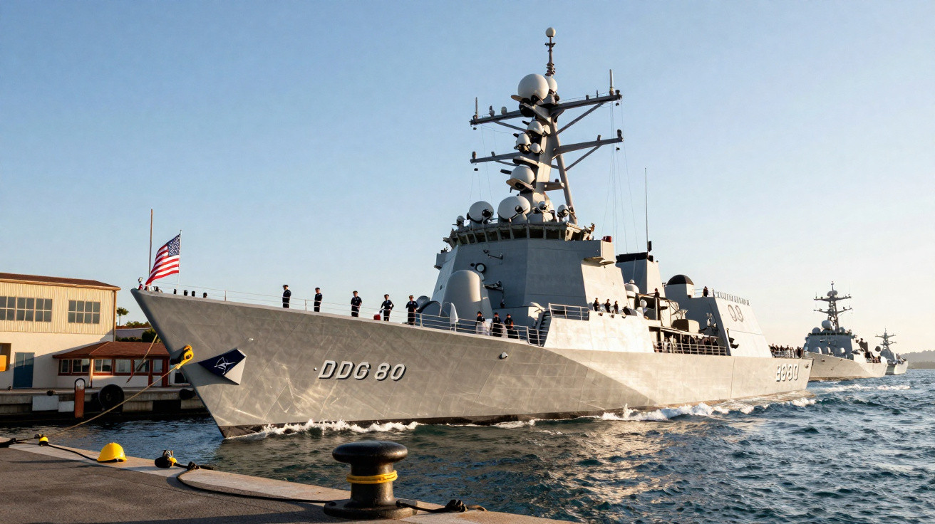 Navio destróier de guerra DDG 80 atracado em porto com bandeira americana e tripulação no convés.