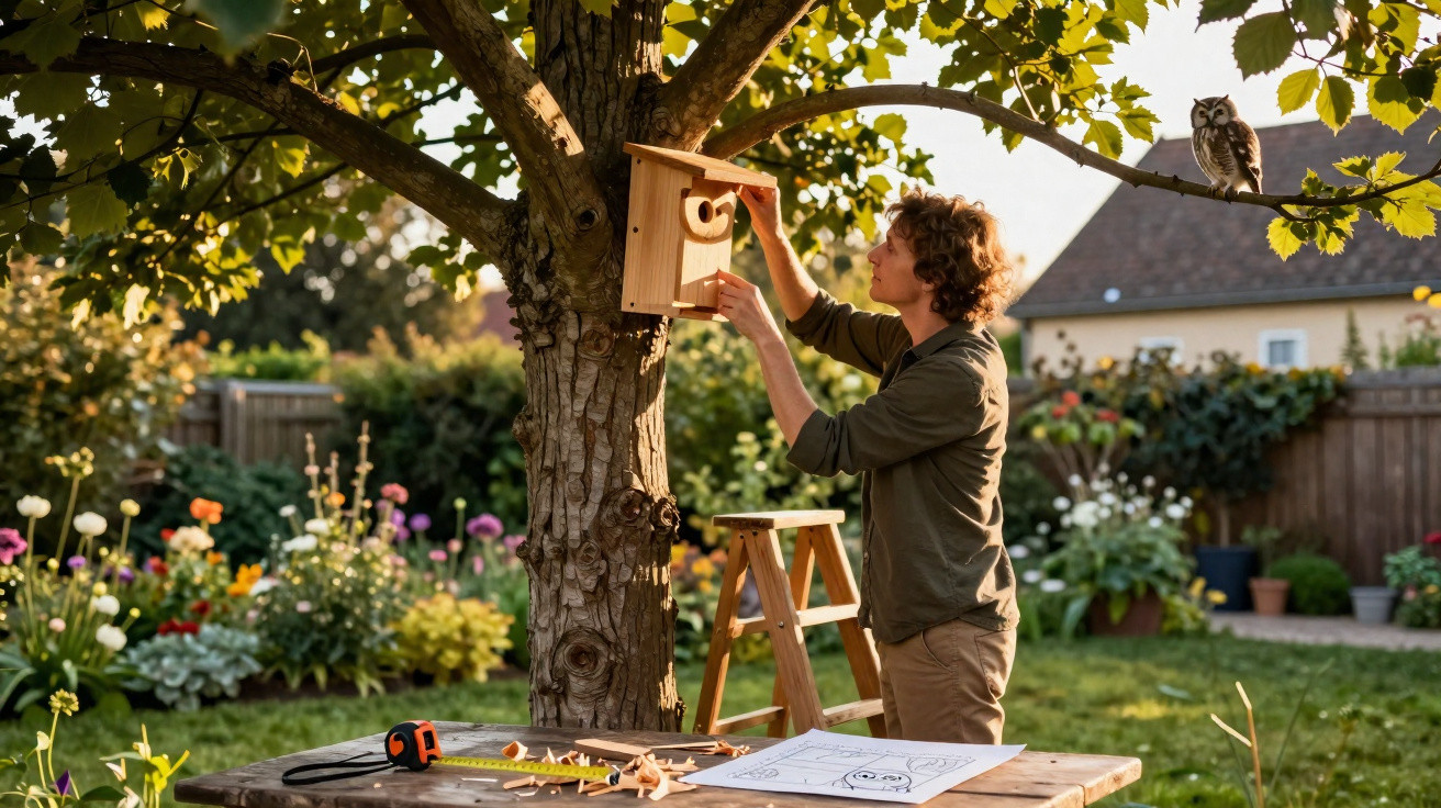 Homem instalando uma casa de passarinho em árvore em um jardim ensolarado com flores coloridas.