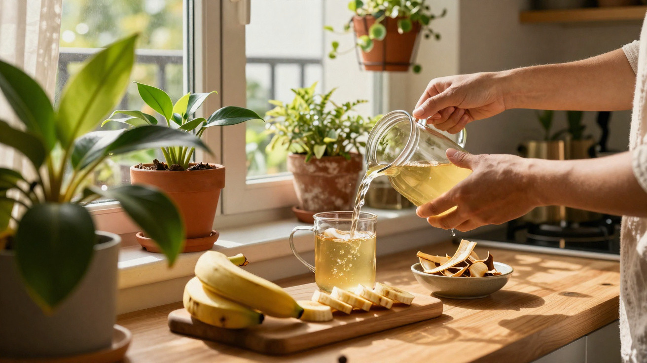 Pessoa derramando chá em caneca sobre bancada de cozinha com bananas, plantas e janela ensolarada ao fundo.