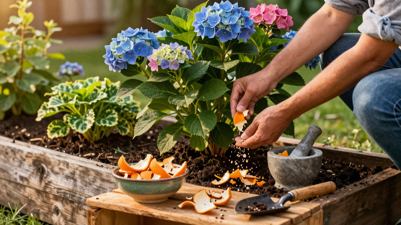 Pessoa preparando composto com cascas de frutas ao lado de flores azuis e rosas em canteiro de madeira.