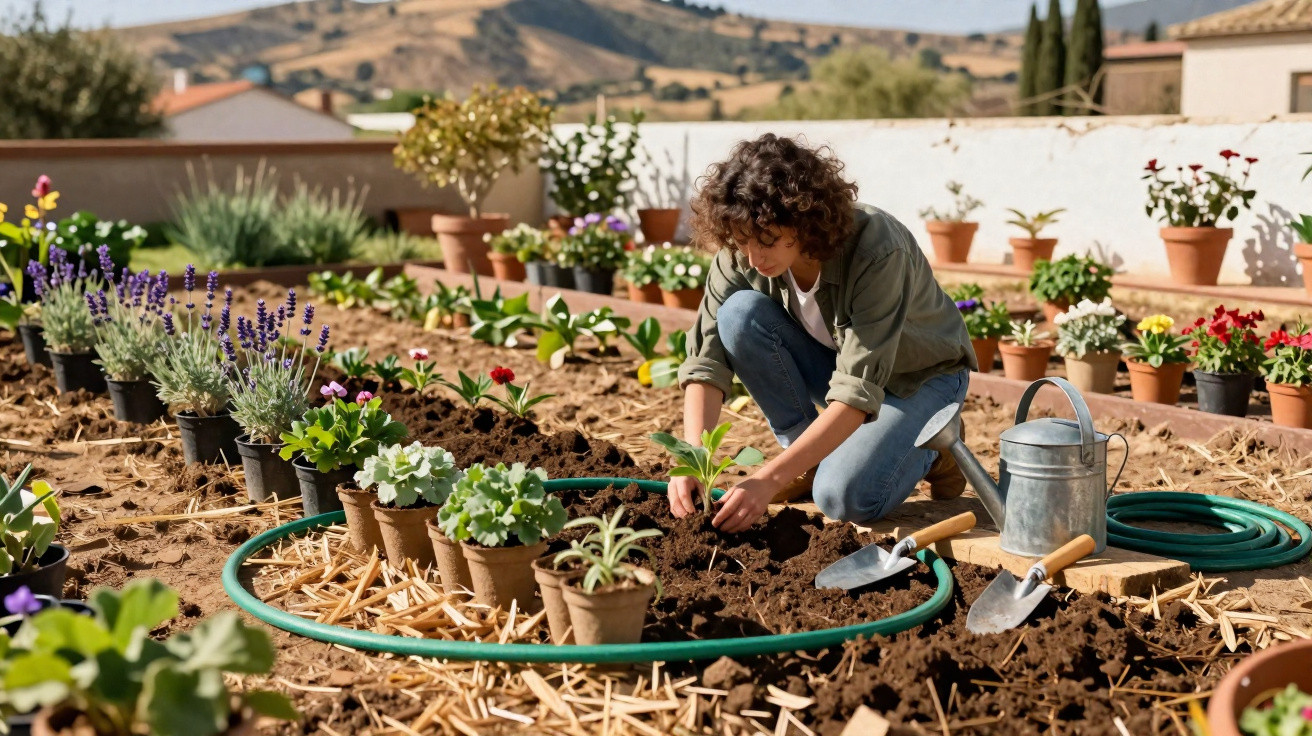 Pessoa plantando mudas em jardim com diversas flores e ferramentas de jardinagem ao redor, em área ensolarada.