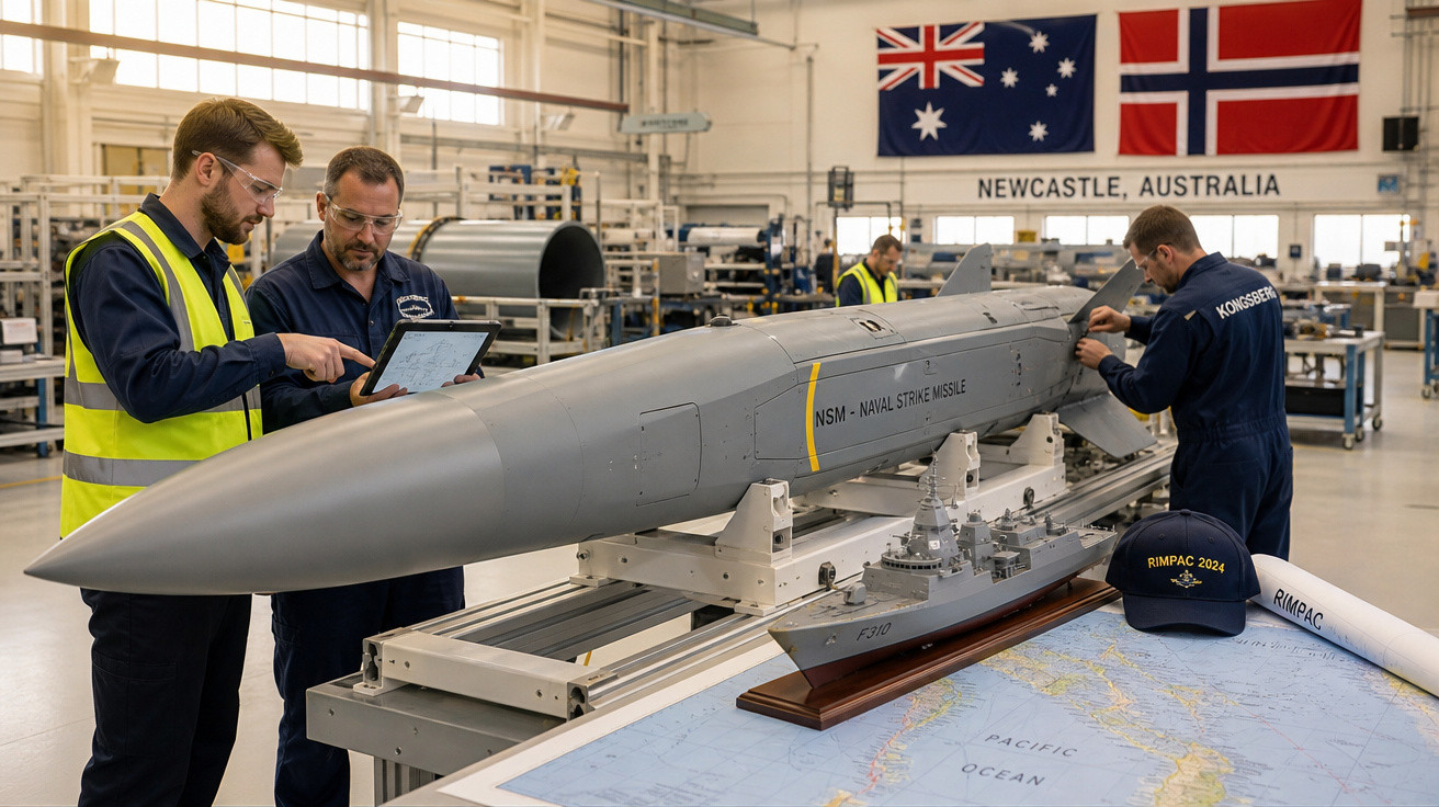 Dois homens revisam tablet perto de míssil naval em fábrica com bandeiras da Austrália e Noruega ao fundo.