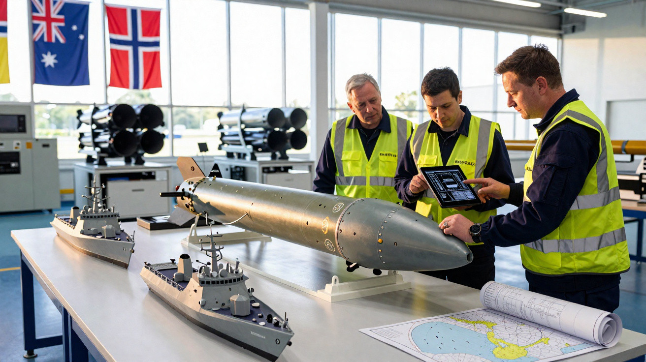 Três homens com coletes refletores analisam maquetes de embarcações e torpedo em mesa de sala clara.