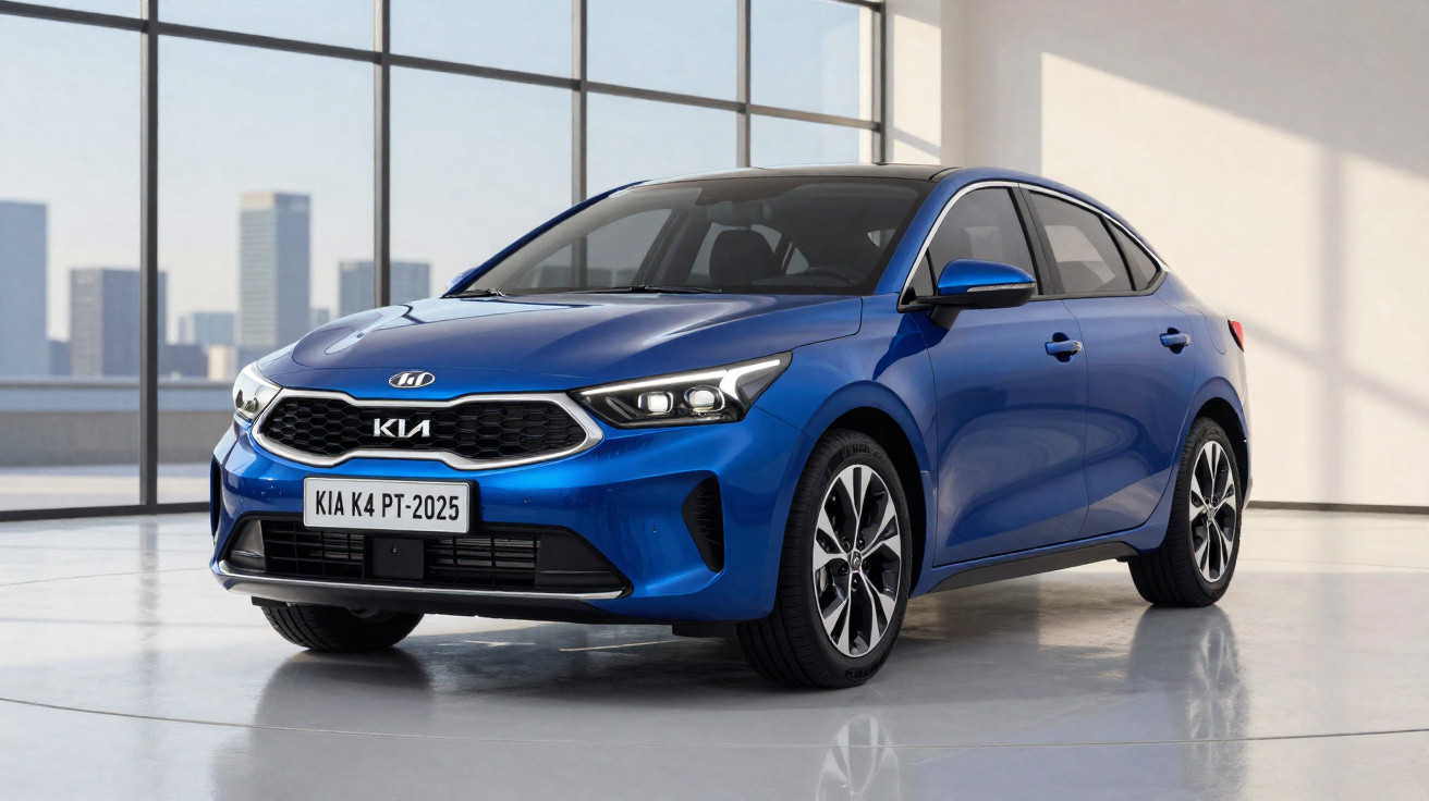 Carro Kia K4 azul estacionado em ambiente interno com grandes janelas e vista urbana ao fundo.