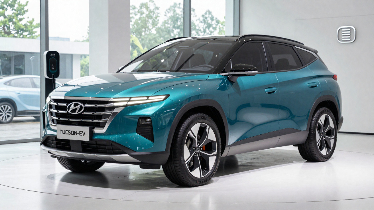 SUV Hyundai Tucson-EV azul em área de exposição, com tomada de carregamento ao lado.