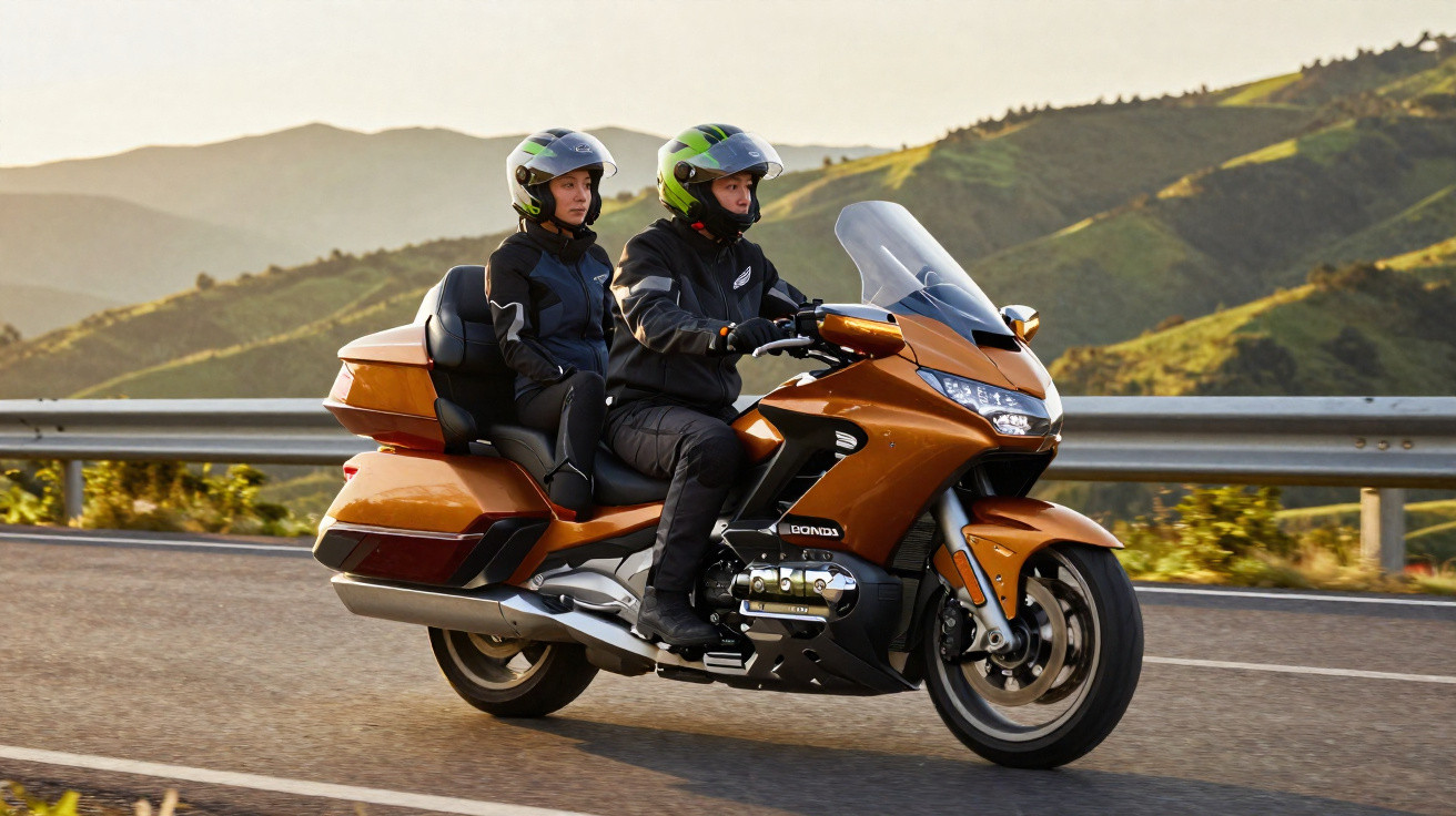 Duas pessoas com capacetes pilotam uma motocicleta laranja em estrada com montanhas ao fundo.