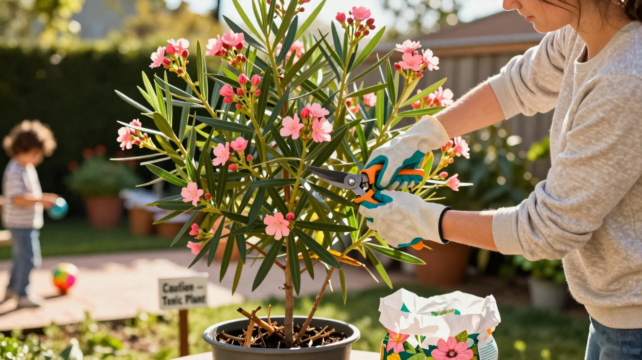 Pessoa podando planta com flores rosas em vaso no jardim, enquanto criança brinca ao fundo.