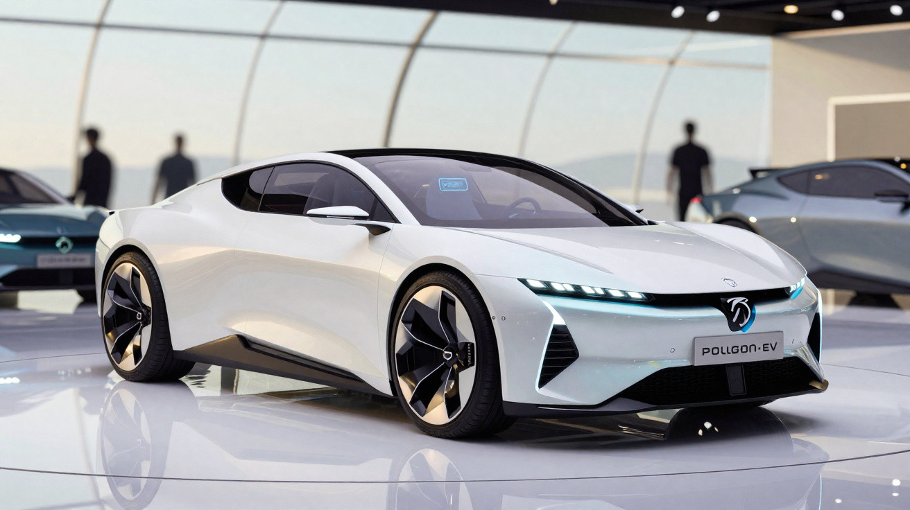 Carro esportivo elétrico branco Polygon EV exposto em salão moderno com iluminação suave e fundo desfocado.