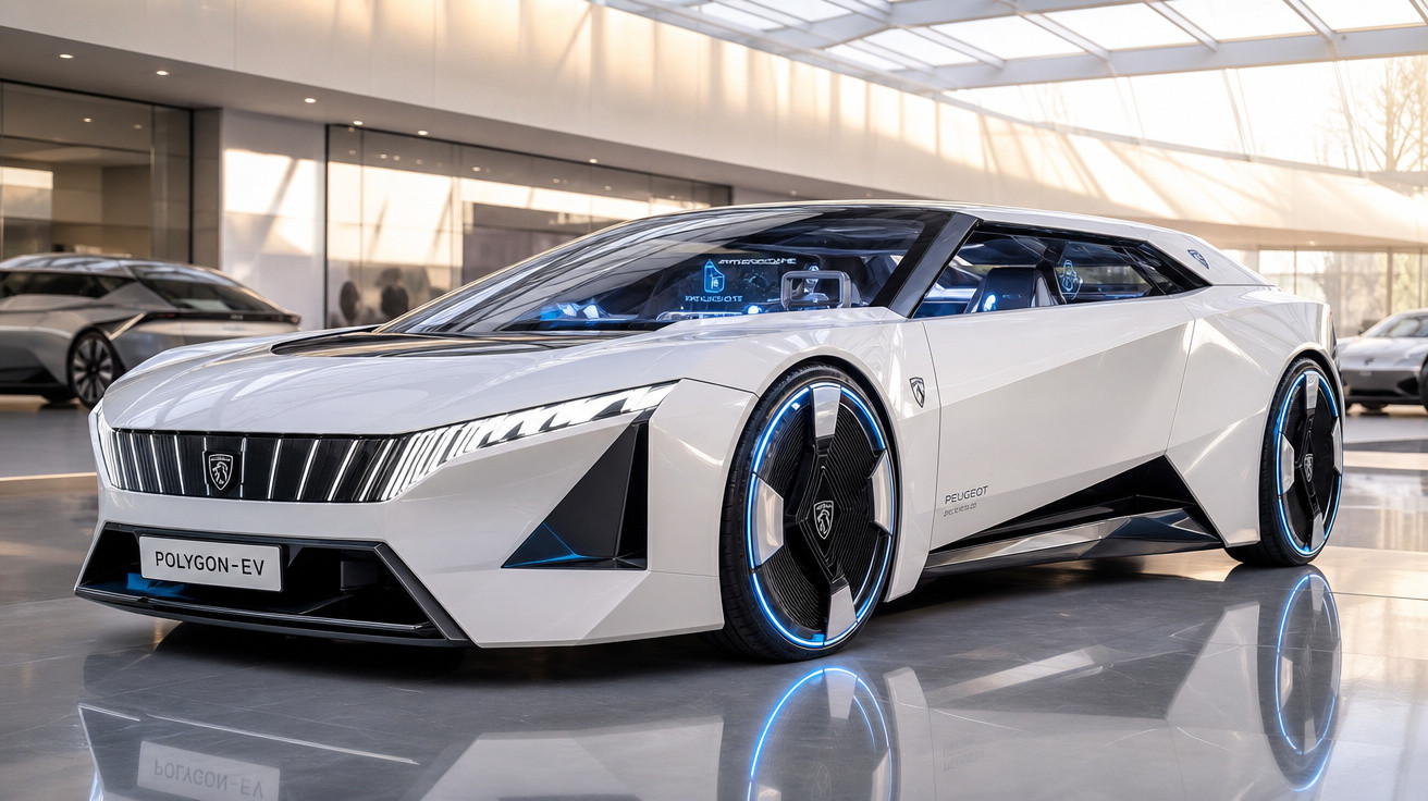 Carro conceito elétrico Peugeot Polygon-EV branco com design futurista em showroom moderno.